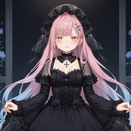1girl,solo,
(score_9,score_8_up,score_7_up, source_anime,rating_all),
BREAK
pout,close-up,pov,
blush, face,
<lora:hyxkaoru-final-psplive-pony6-flyingdeer-e26p-r2:0.6>,
very long hair,bangs,
(pink hair, (blue hair:0.55), gradient hair, multicolored hair),
hair ornament,
yellow eyes,cross-shaped pupils,
((white eyelashes:1.05), (white eyelash:1.05)),
(necklace, jewelry, (purple gem:0.15)),
((gothic fashion:0.1), (gothic gothic:0.1)),
HYXKaoruBlack,
(black headwear, see-through headwear),
(see-through dress, frills, lace trim),
(detached collar, black choker, lace choker),
(long dress, black dress, long sleeves, wide sleeves),
black ribbon,
(pantyhose, black pantyhose, (black stockings:0.55)),
BREAK
(gothic:0.1),