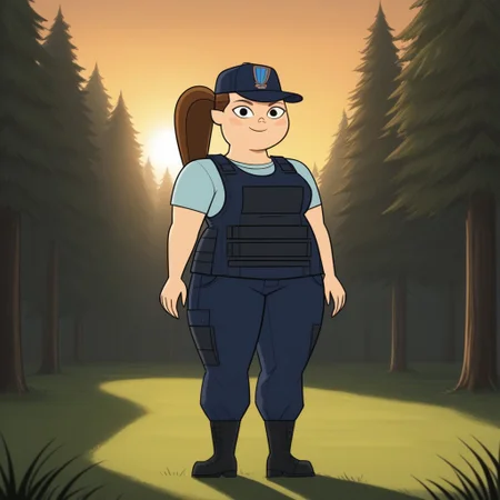 score_9, score_8, BREAK, body armor, 1girl, skyblue undershirt, dark blue cargo pants, boots, plump, chubby, chubby female, brown hair, ponytail, black eyes, cap with a symbol, blush, breasts, total drama, MacArthur_(\Total_Drama\), tdtrr, cute, sexy pose, smile, outdoors, sunlight, shadows, evening lighting, natural lighting, forest, trees, grass, orange sky, sunset