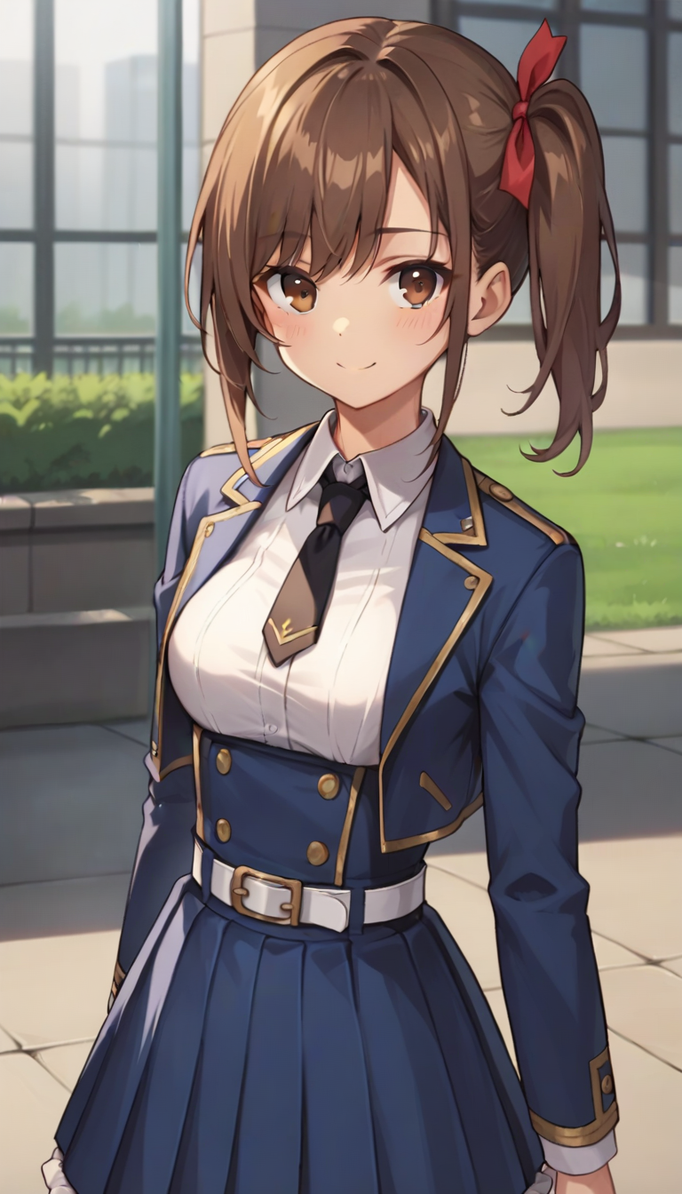 score_9,score_8_up,score_7_up,score_6_up BREAK official art,1girl,solo,outdoors,upper body,(portrait:1.5),looking at viewer,facing viewer,smile,blush,Fenris Squadmate 2,long hair,brown hair,side ponytail,hair ribbon,red ribbon,sidelocks,bangs,brown eyes,blue jacket,cropped jacket,open jacket,wing collar,black necktie,white shirt,collared shirt,dress shirt,long sleeves,medium breasts,double-breasted,white belt,blue skirt,high-waist skirt,pleated skirt,frilled skirt,brown pantyhose,loafers,black footwear,<lora:Fenris Squadmate 2(sgmt)-Pony:0.9>,