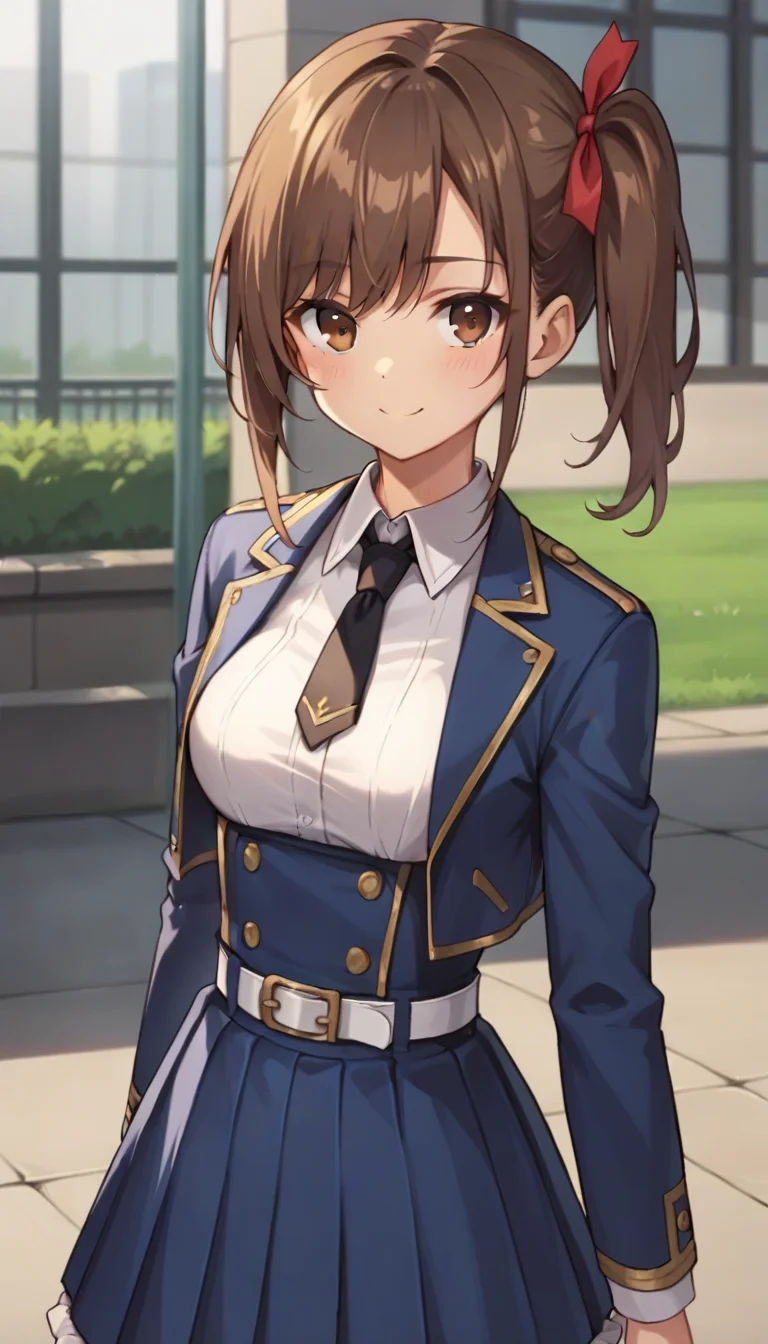 score_9,score_8_up,score_7_up,score_6_up BREAK official art,1girl,solo,outdoors,upper body,(portrait:1.5),looking at viewer,facing viewer,smile,blush,Fenris Squadmate 2,long hair,brown hair,side ponytail,hair ribbon,red ribbon,sidelocks,bangs,brown eyes,blue jacket,cropped jacket,open jacket,wing collar,black necktie,white shirt,collared shirt,dress shirt,long sleeves,medium breasts,double-breasted,white belt,blue skirt,high-waist skirt,pleated skirt,frilled skirt,brown pantyhose,loafers,black footwear,<lora:Fenris Squadmate 2(sgmt)-Pony:0.9>,
