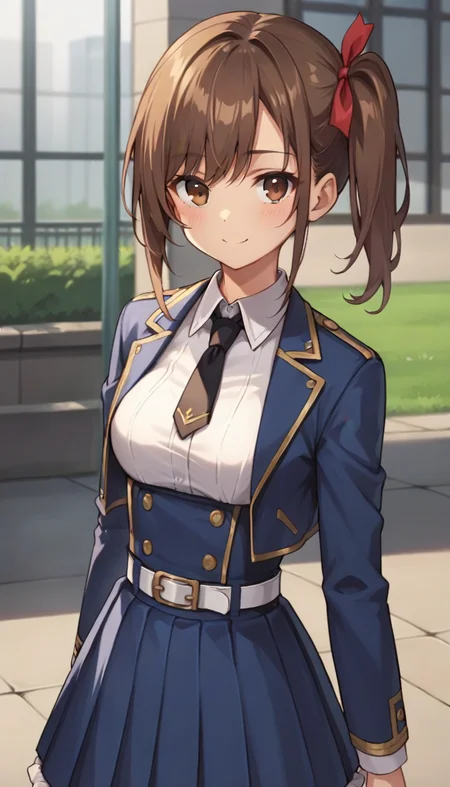 score_9,score_8_up,score_7_up,score_6_up BREAK official art,1girl,solo,outdoors,upper body,(portrait:1.5),looking at viewer,facing viewer,smile,blush,Fenris Squadmate 2,long hair,brown hair,side ponytail,hair ribbon,red ribbon,sidelocks,bangs,brown eyes,blue jacket,cropped jacket,open jacket,wing collar,black necktie,white shirt,collared shirt,dress shirt,long sleeves,medium breasts,double-breasted,white belt,blue skirt,high-waist skirt,pleated skirt,frilled skirt,brown pantyhose,loafers,black footwear,<lora:Fenris Squadmate 2(sgmt)-Pony:0.9>,
