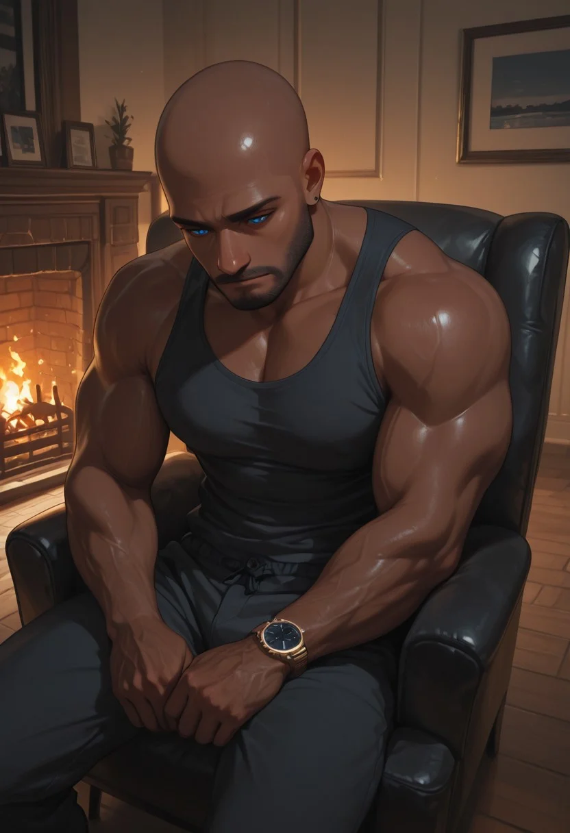 masterpiece, best quality, amazing quality, absurdres, newest, detailed background, definition so sharp, Ultra-HD, 8K cinematic, very awa, impressionate, amazing quality, highres,
1boy, mbti_estj, muscular man, mature man, bald, dark skin, facial hair, blue eyes, watch, solo, fireplace, warm glow, cozy atmosphere, relaxed, sitting, comfortable chair, contemplation, soft shadows, warm tones, inviting, tranquil, home interior, high quality, aesthetic