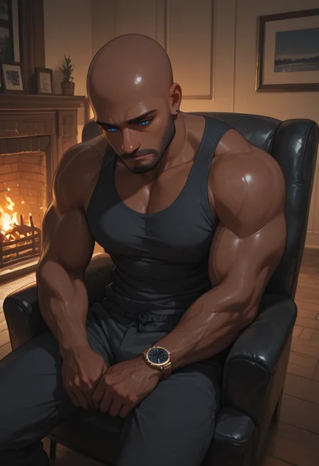 masterpiece, best quality, amazing quality, absurdres, newest, detailed background, definition so sharp, Ultra-HD, 8K cinematic, very awa, impressionate, amazing quality, highres,
1boy, mbti_estj, muscular man, mature man, bald, dark skin, facial hair, blue eyes, watch, solo, fireplace, warm glow, cozy atmosphere, relaxed, sitting, comfortable chair, contemplation, soft shadows, warm tones, inviting, tranquil, home interior, high quality, aesthetic