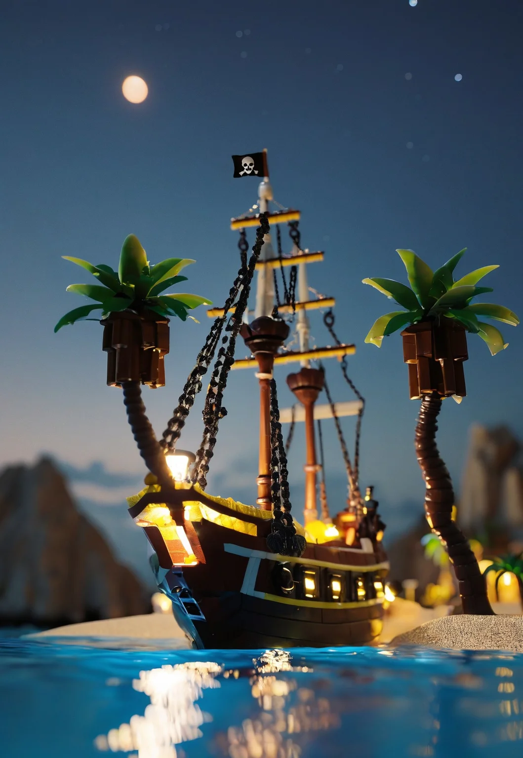 tiny pirate ship at bay in an island at night with palm trees <lora:novuschroma53 style:1> novuschroma53 style