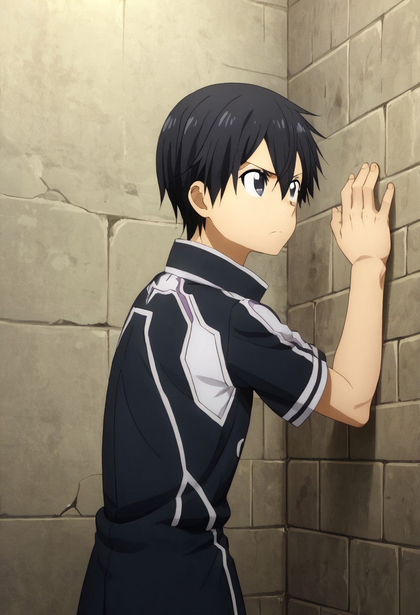 high resolution, solo, best quality, 1Boy, Kazuto Kirigaya, Black Hair, Black Eyes, Both hands on wall, leaning in, commanding, intense,