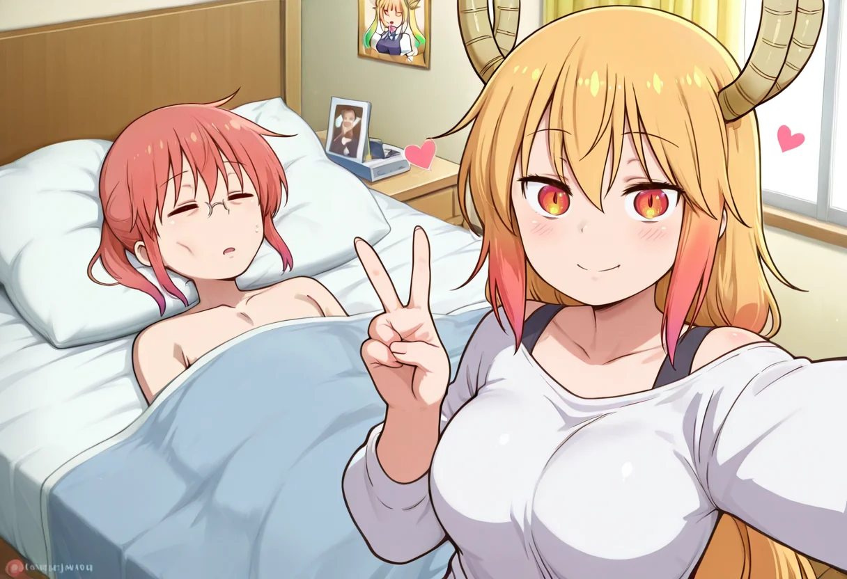 best quality, masterpiece, absurdres, tohru \(maidragon\), kobayashi \(maidragon\), guy tired after sex \(meme\), v, 2girls, bed, heart, <lora:tohru_maidragon:1> <lora:Guy_Tired_After_Sex:1>