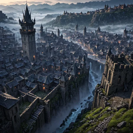 score_9, score_8_up, score_7_up, masterpiece, very high quality, epiCPhoto, epic landscape, epic scale, city, stone houses, ancient tower, grey stone houses, stone city wall, river, cold moon, medieval city, european city, easynegative, epiCPhoto, landscape, creepy, ominous, long shadows, suffocating feeling, silence, from above, ruination, mist, fog, ethereal, times long gone, city in ruins, imposing but dead, ominous shine, night, single silver tower