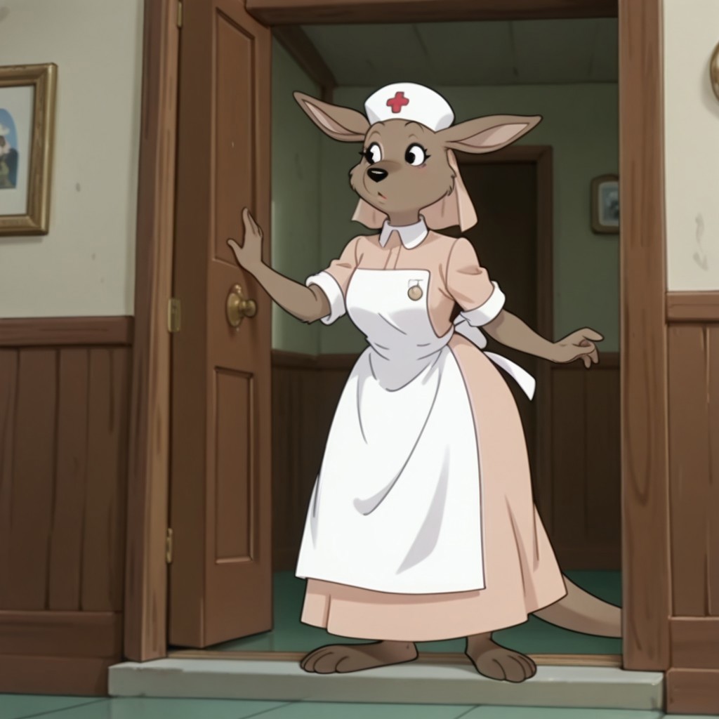 masterpiece, best quality, amazing quality, roonurseil, semi-anthro, female, kangaroo, brown fur, black eyes, pink dress, white trim, white apron, medal, white nurse cap, pink veil, red cross, standing, inside, solo