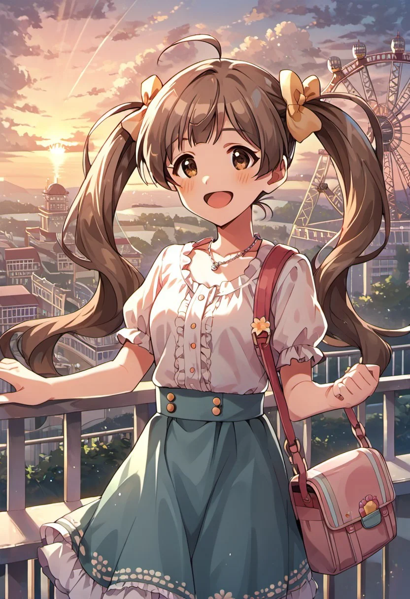 score_9, score_8_up, score_7_up, source_anime, hakozaki serika, brown hair, twintails, brown eyes, long hair, ahoge, 1girl, ferris wheel, smile, skirt, sunset, open mouth, blush, bow, hair bow, bag, cloud, necklace