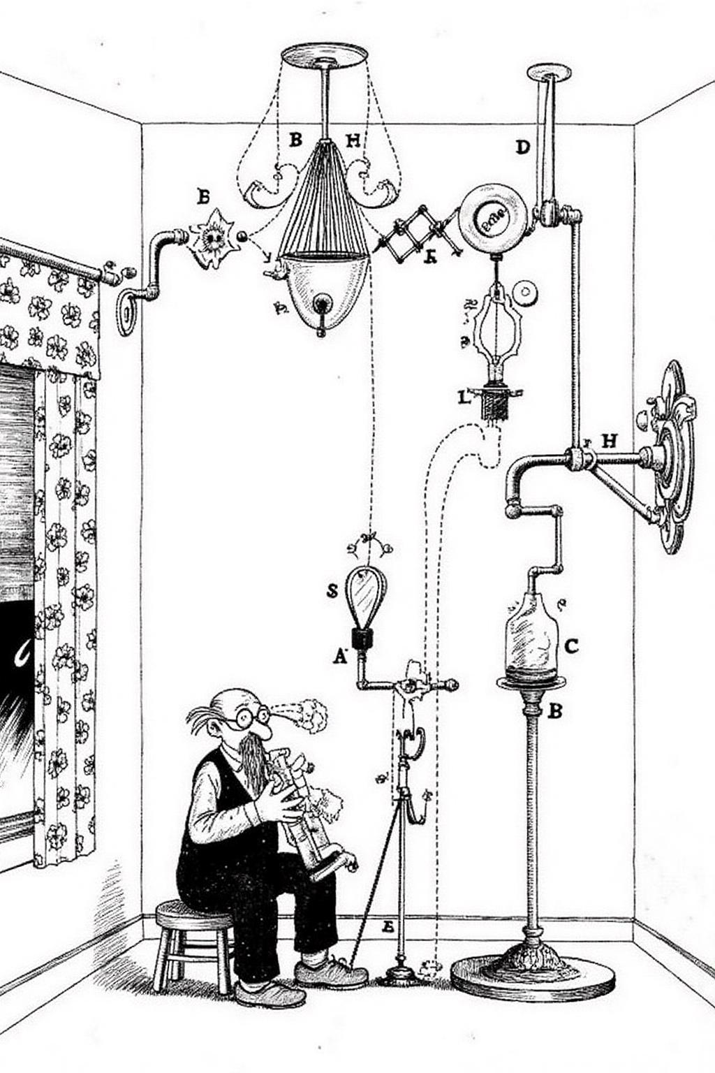 rugo1 illustration.
An eccentric, elaborate contraption inside a room. A bespectacled, elderly man with a long beard and a wild look on his face is seated on a small stool, playing a tuba.
The man has his fingers pointing to his temple as if in though, while the machine appears to be reading his thoughts.
 <lora:rugo1_cap_d6a3e11:1.0><lora:828774292926893927:0>