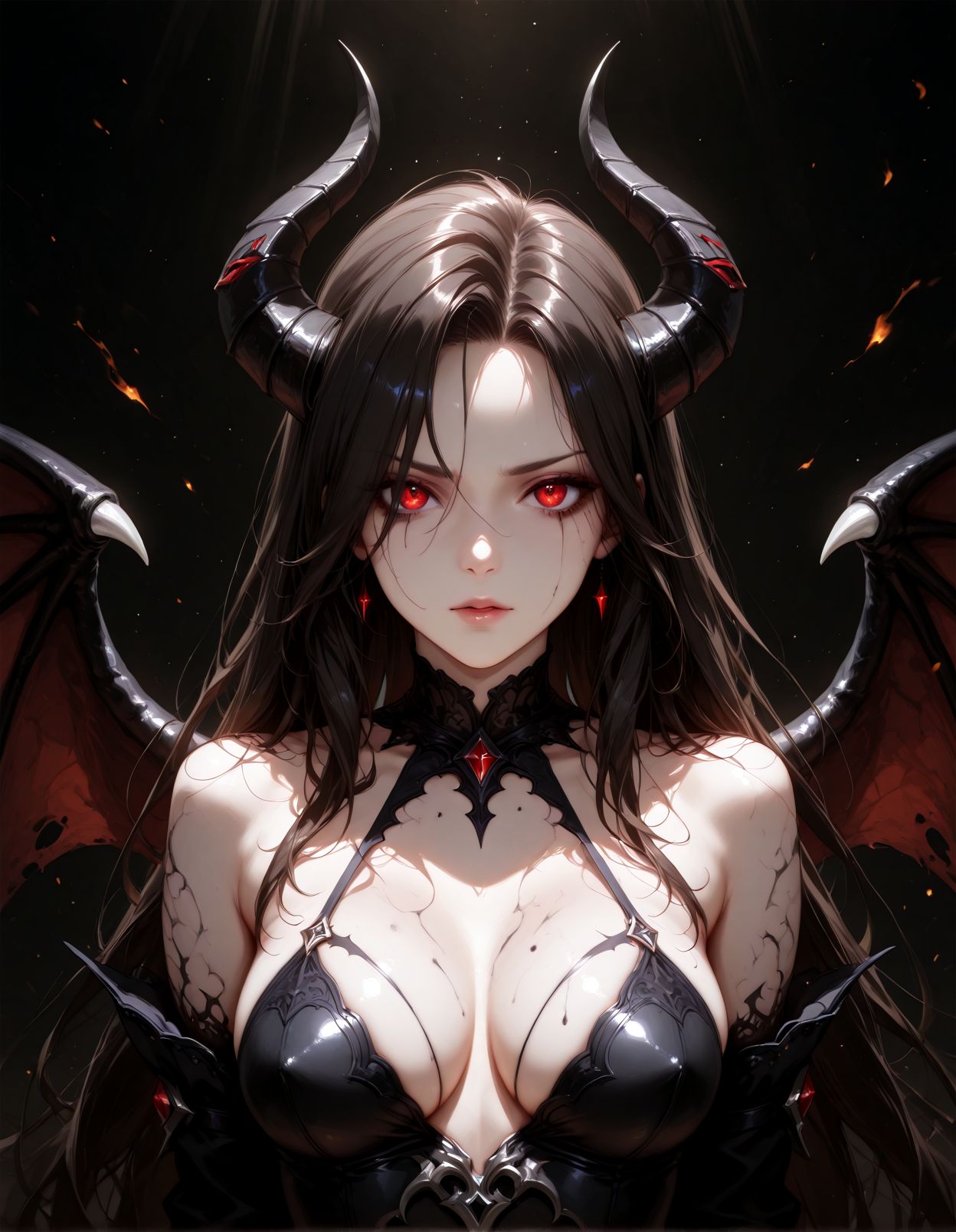 1girl, demon, pale, chalky skin, dark hair, horns, wings, eerie, mysterious, haunting, beautiful, striking, intense eyes BREAK dark background, dim lighting, soft focus, misty atmosphere, masterpiece, best quality, absurdres