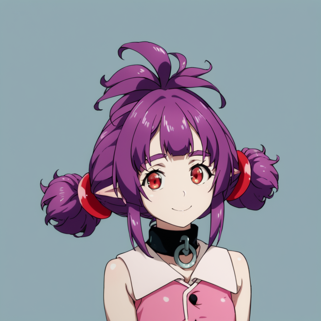 score_9, score_8_up, score_7_up, score_6_up, score_5_up, score_4_up, source_anime, , Sherry, short hair, red eyes, twintails, purple hair, small breasts, pointy ears, , soft smile, portrait