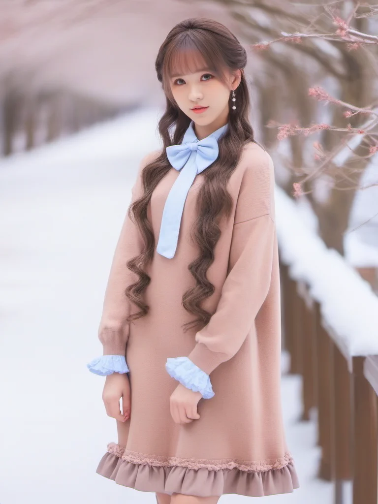 masterpiece, best quality, girl, long hair, looking at viewer, brown cardigan , frilled socks, hair_bow, bowtie, in winter, blush, sweater dress, ,<lora:sl_sila:0.8>