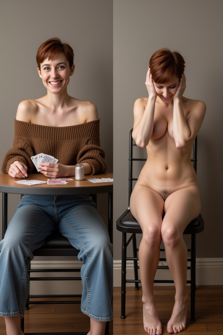 side-by-side photos of a woman wearing a brown knit sweater off-the-shoulder and jeans, on the left side she's sitting at a card table holding playing cards while smiling at the camera, on the right side she's hiding her head in her hands embarrassed at the card table, left side clothed, right side fully naked, auburn pixie cut hair, clothed and nude, seated on a metal folding chair indoors