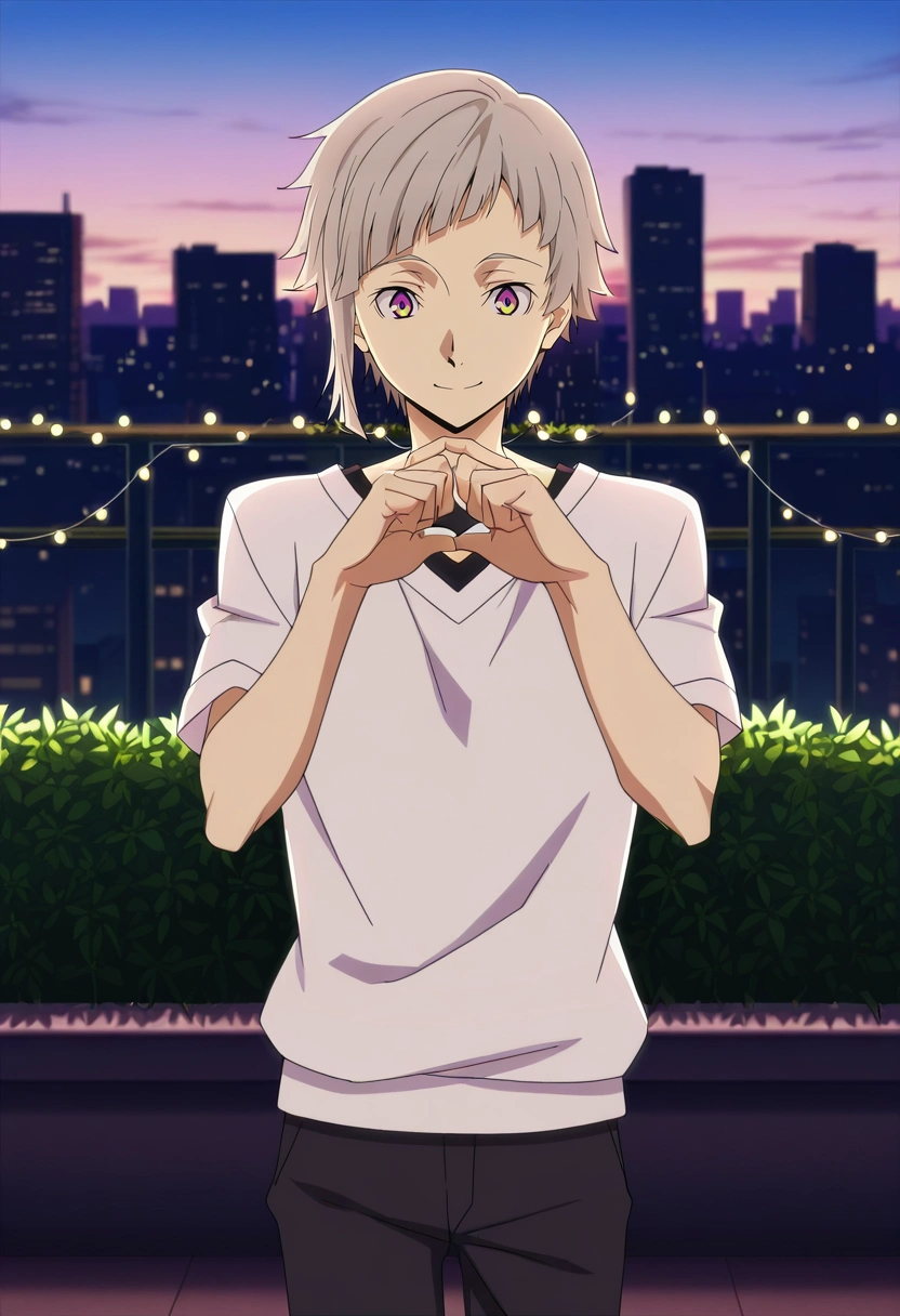 masterpiece, best quality, anime screencap, official style, anime coloring, cowboy shot, 1boy, solo, male focus, <lora:atsushi_nakajima_ilxl:1>, atsushi_nakajima, grey hair, yellow eyes, multicolored eyes, purple eyes, short hair, , urban rooftop garden, green plants, string lights, distant skyline, tending pose, calm expression, soft evening glow,