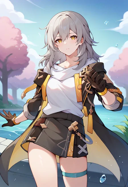 score_9, score_8_up, score_7_up, score_6_up, score_5_up, score_4_up, source_anime, BREAK
stelle \(honkai: star rail\), honkai \(series\), 1girl, grey hair, yellow eyes, solo, shirt, open jacket, skirt, thigh strap, gloves,
cowboy shot, outdoors,
<lora:stellexlpony:1>