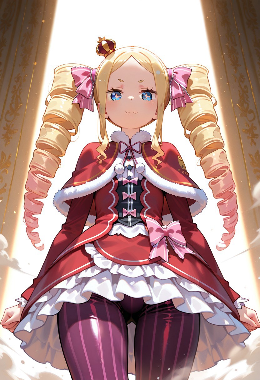 AIイラストおじさん Style, (((1girl, solo))), full_body, perky body, big_booty, cute, perfect_face, beautiful_eyes, shiny eyes, bright eyes, perfect_body, legs and arms, soft skin, Standing up, dynamic pose, ((masterpiece)), vibrant colors, wallpaper, colorful, stunning, ((looking_at_viewer)), sweet thighs, expressive face,(lens flare, god rays, light dust, dust particles:1.3), <lora:Dramatic Lighting Slider:5>, (front view), cowboy shot, shiny skin, skindentation, Beatrice, (Re:Zero), long hair, blue eyes, blonde hair, twintails, hair ribbon, sidelocks, symbol-shaped pupils, drill hair, twin drills, dress, ribbon, fur trim, capelet, crown, mini crown, red capelet, frills, bowtie, striped leggings