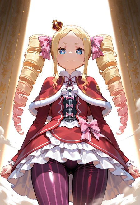 AIイラストおじさん Style, (((1girl, solo))), full_body, perky body, big_booty, cute, perfect_face, beautiful_eyes, shiny eyes, bright eyes, perfect_body, legs and arms, soft skin, Standing up, dynamic pose, ((masterpiece)), vibrant colors, wallpaper, colorful, stunning, ((looking_at_viewer)), sweet thighs, expressive face,(lens flare, god rays, light dust, dust particles:1.3), <lora:Dramatic Lighting Slider:5>, (front view), cowboy shot, shiny skin, skindentation, Beatrice, (Re:Zero), long hair, blue eyes, blonde hair, twintails, hair ribbon, sidelocks, symbol-shaped pupils, drill hair, twin drills, dress, ribbon, fur trim, capelet, crown, mini crown, red capelet, frills, bowtie, striped leggings