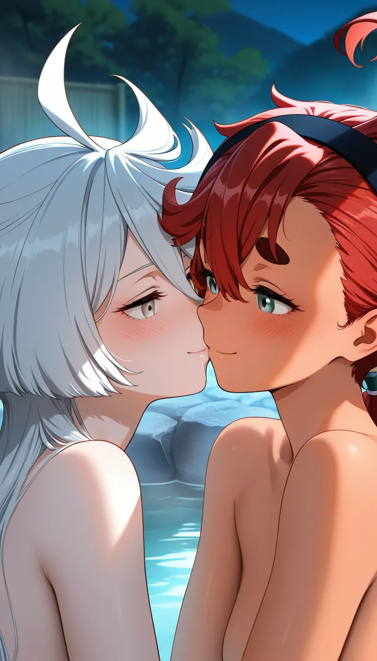 (masterpiece, best quality), safe, amazing quality, very aesthetic, absurdres, highres, newest, HDR, 8K, high detail RAW color art, large pupil, eyelashes,
miorine rembran, grey hair, long hair, ahoge, grey eyes, onsen, heads together, kiss, naked, suletta mercury, blush, smile, face focus, upper body, detailed background,
