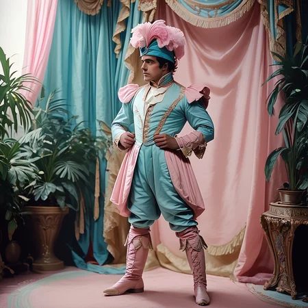 Score_9, score_8_up, score_7_up, score_6_up,  <lora:1890s_Rococo_OperaPony:1> ArsMovieStill, movie still from a pastel-colored 1890s Rococo fantasy opera movie, The image shows a man in a pink and blue costume standing in front of a backdrop of plants curtains and other objects. He is wearing a cap and footwear giving the impression of a human face., 1boy, male focus, solo, black hair, dark skin, standing, dark-skinned male, curtains, boots, indoors