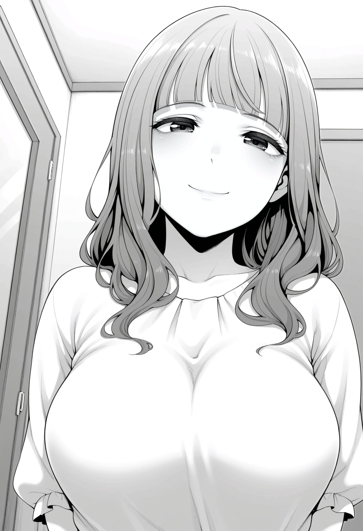 1girl,solo,mm,mature female,long hair,bangs,blunt bangs,large breasts,greyscale,monochrome,
shirt,upper body, looking at viewer,smile,indoors
,masterpiece,best quality,amazing quality,<lora:Dousei_Kanojo_to_Asa_made_Tsuyudaku_Hametaoshi:0.8>