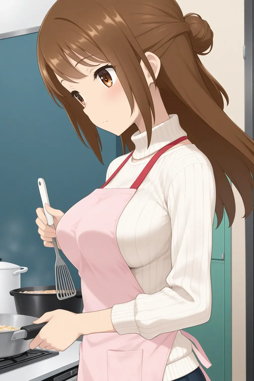 masterpiece, best quality, alicegear_koyui_ilxl <lora:alicegear_koyui_ilxl:0.85>1girl, solo, sweater, apron, cooking