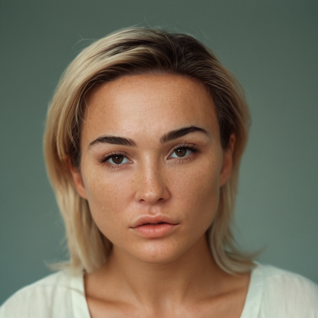 analog film photo of  <lora:eyetune:0.3>
 <lora:perfection style:0.1> 
 <lora:detailed:0.1>
 <lora:facial expression style v2:0.1>
 <lora:Aubrey1974:1> Aubrey1974
neutral facial expression of a woman with blonde hair and a white shirt, movie themed, sharp, detailed skin, epic cinematic photography, artistic, creative, wrinkly face, dramatic lighting style, cinematic color style, Kodak film style, skin pore, emotional style, gustier style, facial expression style, neutral facial style, 1girl, solo, long hair, looking at viewer, blonde hair, simple background, brown eyes, closed mouth, lips, portrait, realistic, nose, photorealistic, serious look, olf wom, faded film, desaturated, 35mm photo, grainy, vignette, vintage, Kodachrome, Lomography, stained, highly detailed, found footage