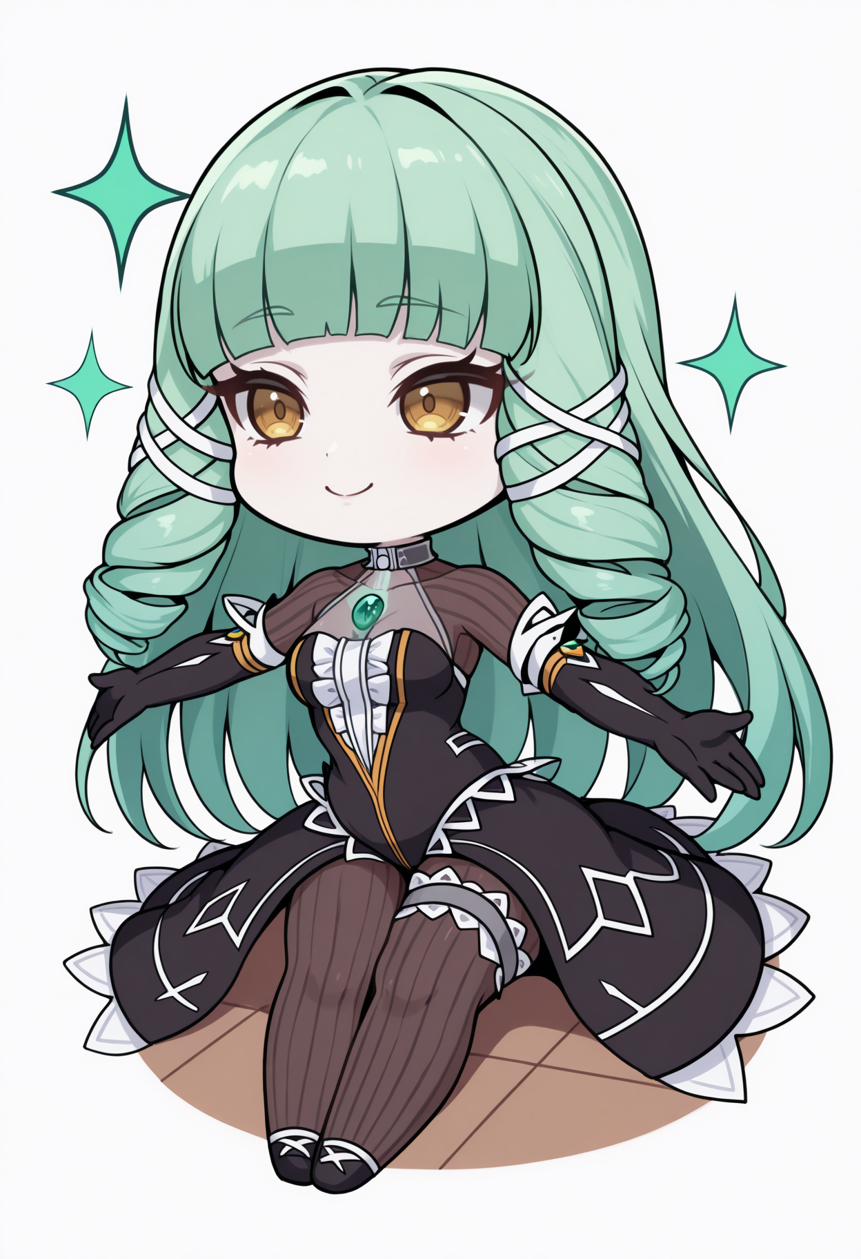 masterpiece, best quality, 1girl, solo, Emeraude, yellow eyes, green hair, long hair, drill sidelocks, white tress ribbon, halterneck, see-through collarbone, chest jewel, black dress, sleeveless dress, center frills, vertical-striped bodystocking, black elbow gloves, showgirl skirt, leg garter, lineart, sitting, on floor, smile, sparkles, spread arms, chibi, meme, thick lines, simple background, white background, <lora:ChamEmeraudeNoob:1>