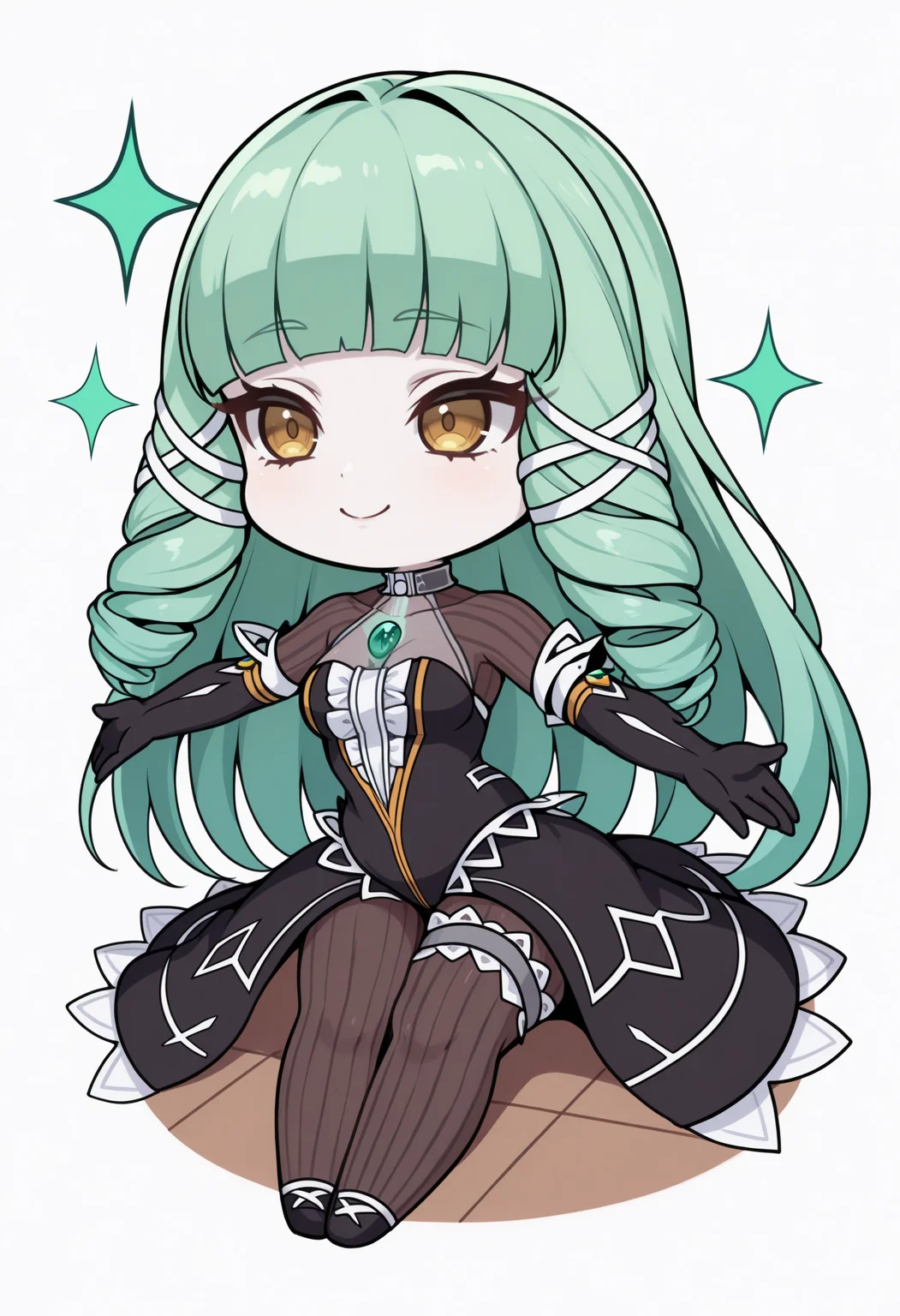 masterpiece, best quality, 1girl, solo, Emeraude, yellow eyes, green hair, long hair, drill sidelocks, white tress ribbon, halterneck, see-through collarbone, chest jewel, black dress, sleeveless dress, center frills, vertical-striped bodystocking, black elbow gloves, showgirl skirt, leg garter, lineart, sitting, on floor, smile, sparkles, spread arms, chibi, meme, thick lines, simple background, white background, <lora:ChamEmeraudeNoob:1>