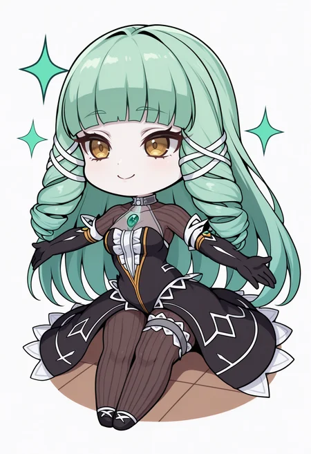 masterpiece, best quality, 1girl, solo, Emeraude, yellow eyes, green hair, long hair, drill sidelocks, white tress ribbon, halterneck, see-through collarbone, chest jewel, black dress, sleeveless dress, center frills, vertical-striped bodystocking, black elbow gloves, showgirl skirt, leg garter, lineart, sitting, on floor, smile, sparkles, spread arms, chibi, meme, thick lines, simple background, white background, <lora:ChamEmeraudeNoob:1>
