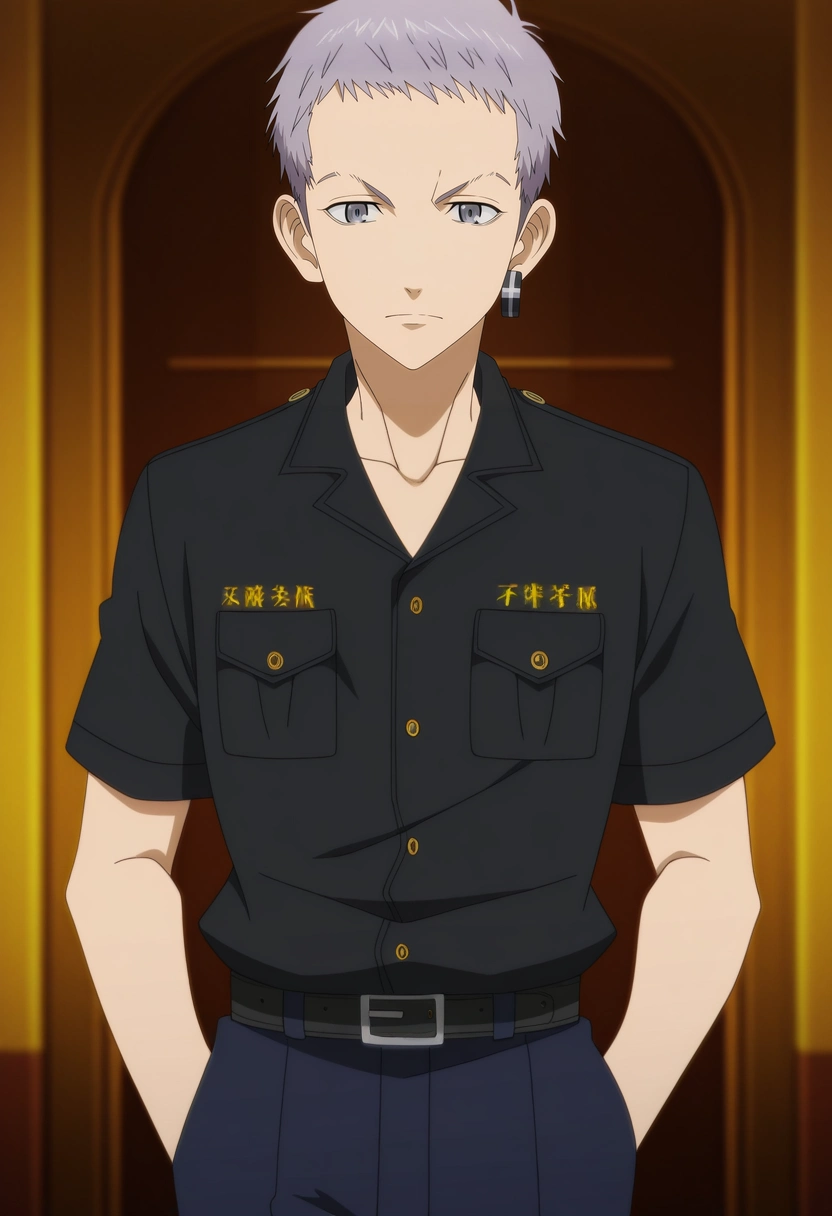 masterpiece, best quality, anime screencap, official style, anime coloring, cowboy shot, 1boy, solo, male focus, <lora:takashi_mitsuya_ilxl:0.96>, takashi_mitsuya, grey hair, grey eyes, short hair, , , ,