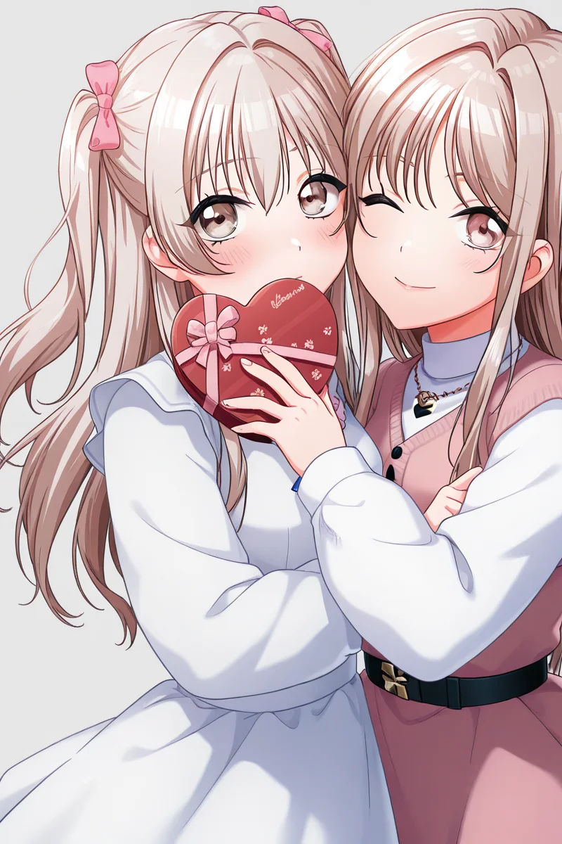 masterpiece, best quality, amazing quality,
2girls, multiple girls, hug, pretty, looking at viewer, brown eyes, blush, simple background, heart shape box, ADDCOMM
<lora:KokoaIL_r1:1> kokoa, 2girls, multiple girls, two side up, white dress, ADDCOL
<lora:HayateIL:1> hayate, long hair, white dress, wink, 2girls, multiple girls, holdind, heart shape box,