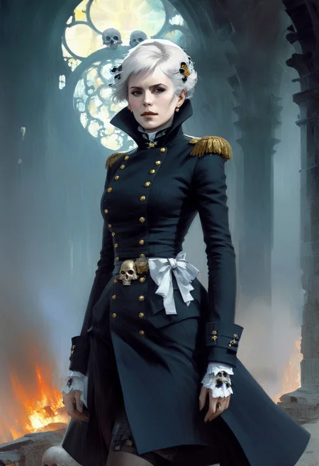imperial captain, beautiful face, black long coat decorated with gold skulls, short white hair, in a gothic ruins, grimdark, famous artwork (by john berkey:1.2), ((((fractal art)))), (masterpiece:1.2), (epic composition:1.4), (talent:1.2), , digital painting by Ilya Kuvshinov with painterly brush strokes, close up, dramatic angle, ruin on fire in the background