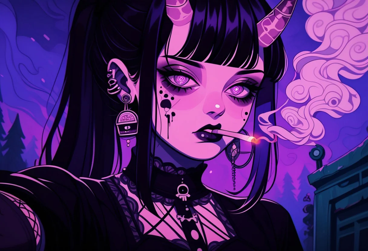 score_9, score_8_up, score_7_up, score_6_up,1girl
hinata hyuga, black hair, long hair, fringe cut, ponytail hairstyle, purple eyes, soni horn, link horns,
pastel paint, vamp style, taking a selfie, detailed, near to the sea, up a bridge, goth clothes, goth dress, cross earrings, fangs, jewel eyes,cold tones,
goth core, vamp goth, goth style, black dress, lollita dress, smoking a cigarette, cigarette in mouth, melting, vapor, smoke, glitch, horror (theme), glowing, zPDXL2, smoke from eyes, red smoke, horror in the smoke, evil faces, horror,
standing, detailed eyes, beautyfull face,
outdoor,
