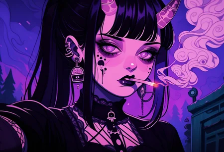 score_9, score_8_up, score_7_up, score_6_up,1girl
hinata hyuga, black hair, long hair, fringe cut, ponytail hairstyle, purple eyes, soni horn, link horns,
pastel paint, vamp style, taking a selfie, detailed, near to the sea, up a bridge, goth clothes, goth dress, cross earrings, fangs, jewel eyes,cold tones,
goth core, vamp goth, goth style, black dress, lollita dress, smoking a cigarette, cigarette in mouth, melting, vapor, smoke, glitch, horror (theme), glowing, zPDXL2, smoke from eyes, red smoke, horror in the smoke, evil faces, horror,
standing, detailed eyes, beautyfull face,
outdoor,