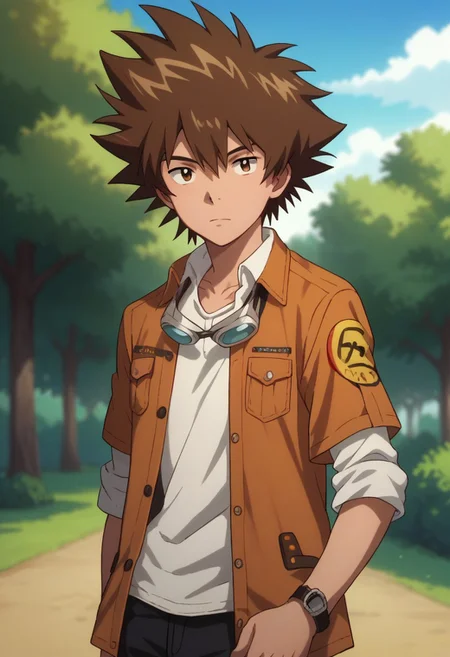 score_9, score_8_up, score_7_up, source_anime, highly detailed,
taitri, 1boy, male focus, brown hair, solo, brown eyes, watch, shirt, spiked hair, wristwatch, goggles around neck, short over long sleeves, jacket, orange jacket, shirt, white shirt,
outdoor, sky, tree