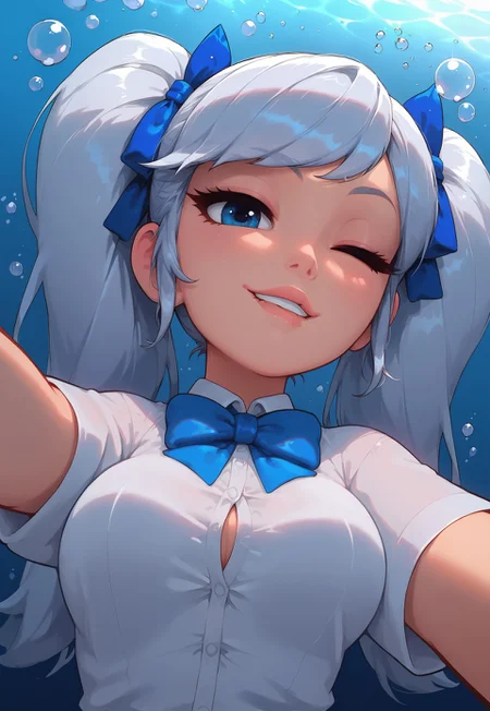 safe_pos, high detail, Smooth, sharp lines, score_9_up, score_8_up, detailed, masterpiece, super cute style, 1girl, solo, silver hair, white hair, long twintails, (flirty, smug, eyebrow_raise), close up, face, white shirt, button up shirt, blue bowtie, pretty lips, medium breasts, underwater, blue eyes, blue hair ribbon, short sleeves, bubbles, bedroom_eyes, swept_bangs, low-angle view, wink, lip_bite, selfie