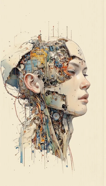 cyborgheadv2 a watercolor painting of a cyborg woman, her head tilted back and her eyes closed <lora:Watercolor_painting_v2:1.4> <lora:CPA:1> <lora:cyborgheadv2:1.1>
