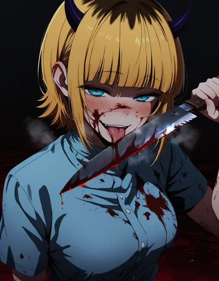 1girl, kitchen_knife, holding knife, (bloodied knife, blood splatter, blood on clothes, blood on face, blood dripping:1.2), horror theme, vibrant colors, sharp details, eerie atmosphere, upper body, intense expression, high contrast, dark shadows, dramatic lighting, half-closed eyes, yandere, crazy look, shaded face, blush, heavy breathing, sinister smile, tongue out, (licking knife:1.4) , (masterpiece, best quality, ultra-detailed, absurdres, newest, detailed textures, correct anatomy, very aesthetic:1), <lora:memcho-s1s2-illustriousxl-lora-nochekaiser:0.7>, memcho, blonde hair, blue eyes, blunt bangs, fake horns, short hair, medium breasts, two-tone hair , <lora:Artist_Style_-_Realistic_Anime_ILXL:1>, realistic anime, chiaroscuro