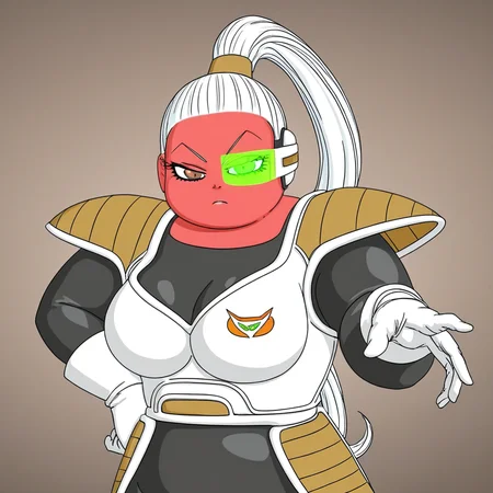 long brown shoulder pads, 1girl, green scouter over right eye, long white ponytail hair, black bodysuit shorts, red skin, black bodysuit under armor, long white boots, huge cleavage, gray eyes, long sleeve, chubby female, white chest plate armor, exposed legs, Bonyu