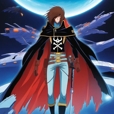 anime artwork a full body man, solo, cape, brown hair, scar, black gloves,sword, in a spaceship<lora:Albator1024_r1:0.8> . anime style, key visual, vibrant, studio anime, highly detailed