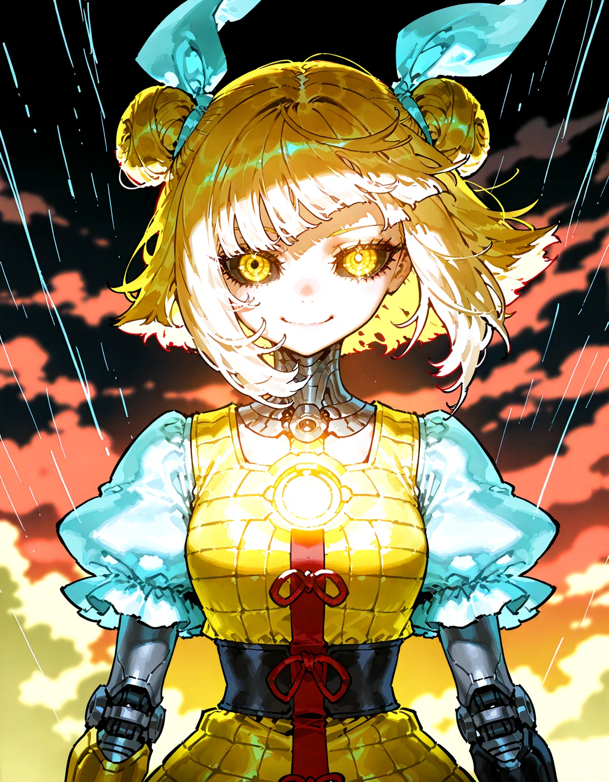optical illusion,ssambatea, quasarcake, Fishine,piaki, pochincoff:1.2 , joutouguu_mayumi, absurdres, highres ,1girl ,solo, blonde_hair, blurry, blurry_background ,closed_mouth, cloud ,dark_clouds, depth_of_field,dress, hair_ribbon ,looking_at_viewer , puffy_short_sleeves, puffy_sleeves ,rain ,ribbon ,shirt ,short_hair ,short_sleeves, ,white_ribbon, white_shirt ,yellow_dress ,yellow_eyes,mechanical_arms,,robot_girl, robot_joints, metal skin, robot body, yellow skin,mechanical_eye ,black_sclera ,colored_skin ,smile,mechanical body,android,no_humans,mechanical_hair,mechanical_jaw,
<lora:illustrious_noobai_epsilon_pred_1_best_quality_v1:0.5> ,<lora:illustrious_noobai_epsilon_pred_1_masterpieces_v1:0.5>, <lora:ponyv4_noob1_2_adamW:0.5>, <lora:touhou_146:0.4>,