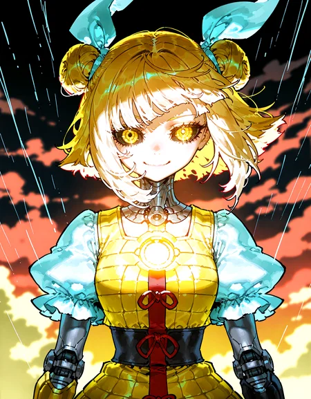 optical illusion,ssambatea, quasarcake, Fishine,piaki, pochincoff:1.2 , joutouguu_mayumi, absurdres, highres ,1girl ,solo, blonde_hair, blurry, blurry_background ,closed_mouth, cloud ,dark_clouds, depth_of_field,dress, hair_ribbon ,looking_at_viewer , puffy_short_sleeves, puffy_sleeves ,rain ,ribbon ,shirt ,short_hair ,short_sleeves, ,white_ribbon, white_shirt ,yellow_dress ,yellow_eyes,mechanical_arms,,robot_girl, robot_joints, metal skin, robot body, yellow skin,mechanical_eye ,black_sclera ,colored_skin ,smile,mechanical body,android,no_humans,mechanical_hair,mechanical_jaw,
<lora:illustrious_noobai_epsilon_pred_1_best_quality_v1:0.5> ,<lora:illustrious_noobai_epsilon_pred_1_masterpieces_v1:0.5>, <lora:ponyv4_noob1_2_adamW:0.5>, <lora:touhou_146:0.4>,