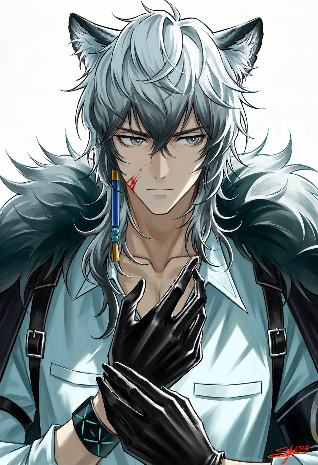 solo, long hair, simple background, shirt, white background, 1boy, gloves, animal ears, hair between eyes, closed mouth, jewelry, collarbone, white shirt, upper body, white hair, grey hair, male focus, black gloves, collared shirt, signature, animal ear fluff, looking to the side, grey eyes, fur trim, blood, single earring, pocket, blood on face, breast pocket, bishounen, fur-trimmed coat, infection monitor \(arknights\), adjusting gloves, leopard ears, silverash \(arknights\) <lora:sanse_sssei_33:0.8>