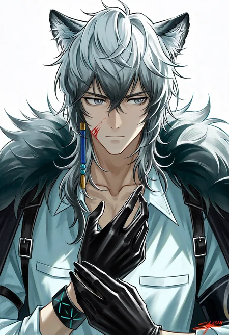 solo, long hair, simple background, shirt, white background, 1boy, gloves, animal ears, hair between eyes, closed mouth, jewelry, collarbone, white shirt, upper body, white hair, grey hair, male focus, black gloves, collared shirt, signature, animal ear fluff, looking to the side, grey eyes, fur trim, blood, single earring, pocket, blood on face, breast pocket, bishounen, fur-trimmed coat, infection monitor \(arknights\), adjusting gloves, leopard ears, silverash \(arknights\) <lora:sanse_sssei_33:0.8>