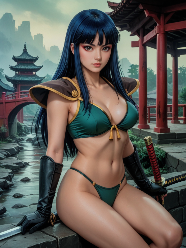 score_9, score_8_up, score_7_up, realistic,  background is green sky, asian temple, wasteland, <lora:Lady_Kayura:.45>,  ladykayura, kayura from ronin warriors is sitting on the edge of a bridge wearing a sheer bikini, shoulder armor, 1girl, retro, blue hair, 1980s (style), bangs, long hair, makeup, gloves, (sword), (katana), japanese, asian, monolid:1.2, boudoir, <lora:Ronin_Warriors-000008:.4>