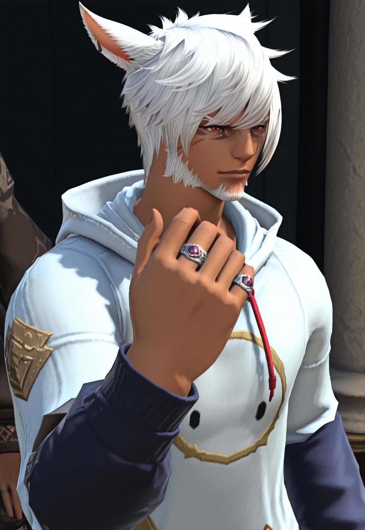 masterpiece, very aesthetic, best quality, absurdres, 3KK4T14, G3NTL3B34N, animal ears, 1boy, solo, miqo'te, male focus, facial hair, dark skin, cat ears, dark-skinned male, jewelry, red eyes, ring, white hair, beard, short hair, upper body, hood, hoodie, long sleeves, hood down, , hand up,