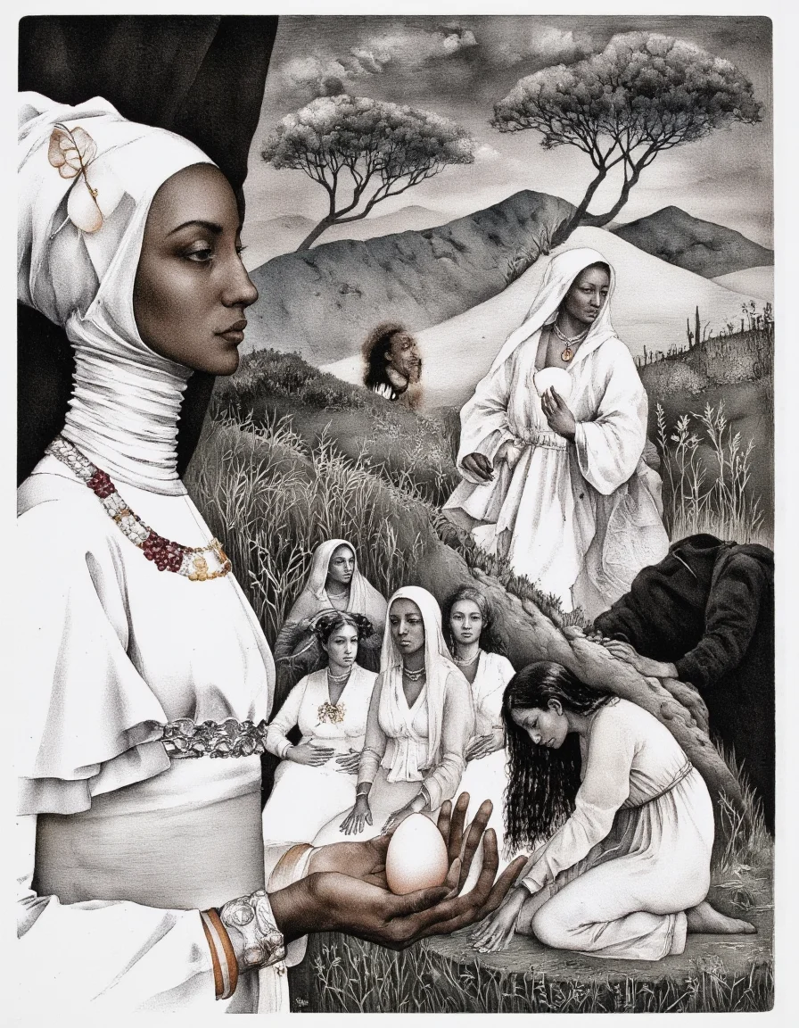 Art by Marina Richterova. A black and white illustration from a profile camera angle about a contemplative woman holding an egg, surrounded by other figures in a rural landscape. the image also shows a dramatic scene in the background. on the left side of the image, a woman, who appears to be of african descent, is facing away from the viewer. she is wearing a white dress with a headscarf adorned with grapes, and a silver belt with a pendant. her hands are cupped around a white egg, which she is holding in her left hand. her expression is serene and contemplative. in the center of the background, a man with long hair and a beard is standing, looking down at the woman. to the right of the woman, another woman is sitting, wearing a long, white dress and a veil, with her eyes closed and a gentle expression on her face. to her right, a third woman with long, wavy hair is also looking down, with a serious expression and a calm expression. to their left, two more women are standing, also wearing white dresses, with their long hair flowing in the wind. the background features a distant landscape with trees and a cloudy sky.