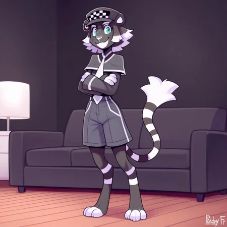 Charthur(F), Solo, 1girl, anthro, furry female, catgirl, tiger, Black fur, striped fur, striped fur, black and white hair, short hair, aqua eyes, white nose, long tail, Bushy tail, black cap, white necktie, covered shoulder, shorts, looking at viewer, arms crossed, full body, smiling, standing, living room background