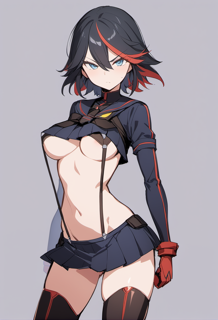 rating: sensitive,  <lora:Matoi_Ryuuko_SDXL:1>,1girl, matoi ryuuko, senketsu, solo, breasts, short hair, navel, suspenders, skirt, underboob, thighhighs,  revealing clothes, holding, medium breasts, two-tone hair, boots, blue eyes, black hair, white background, streaked hair, looking at viewer, closed mouth, thigh boots, simple background, hair between eyes, standing, black pleated microskirt, bangs, masterpiece, best quality